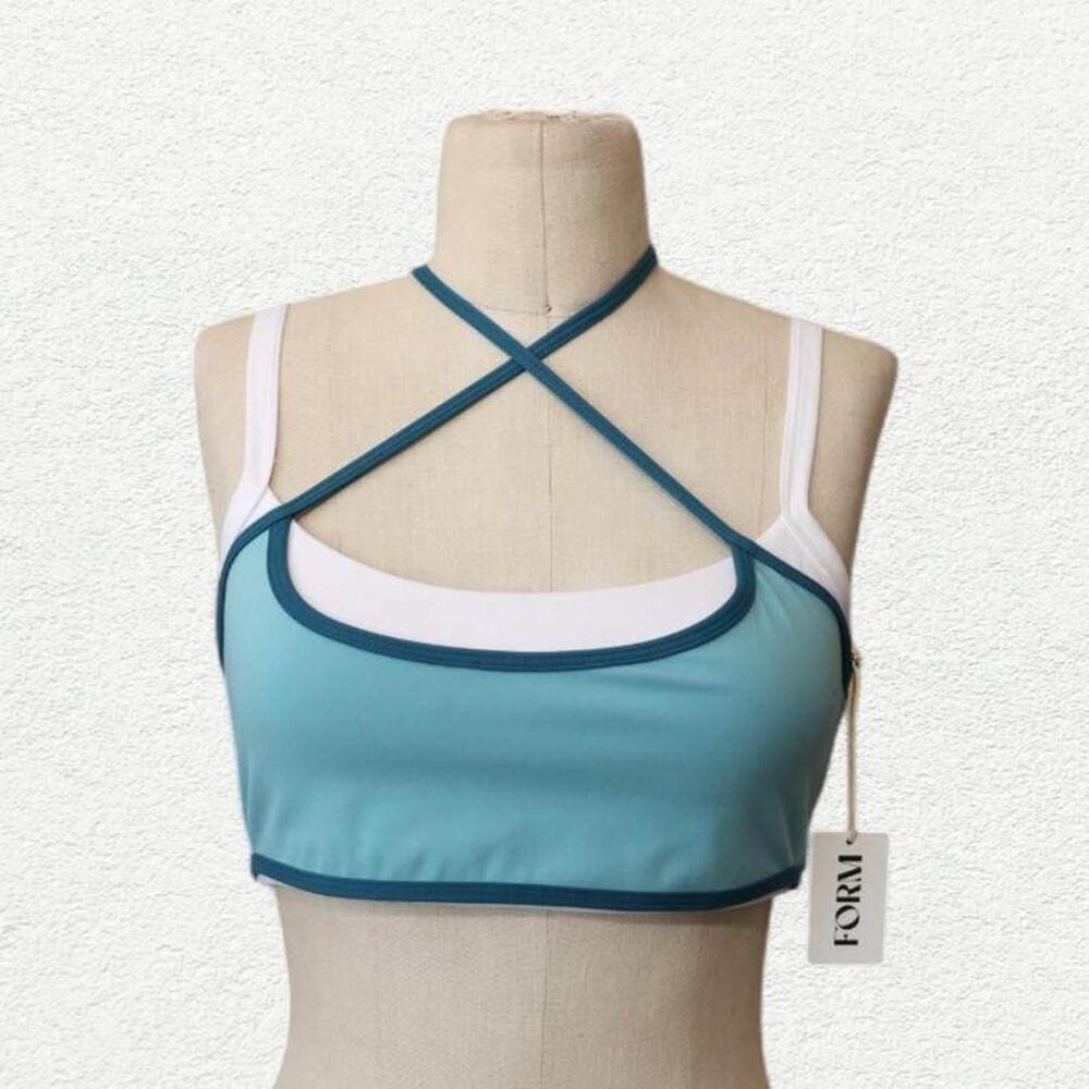 FORM Binding Layered Sports Bra in Mist Deep Sea Blue & White